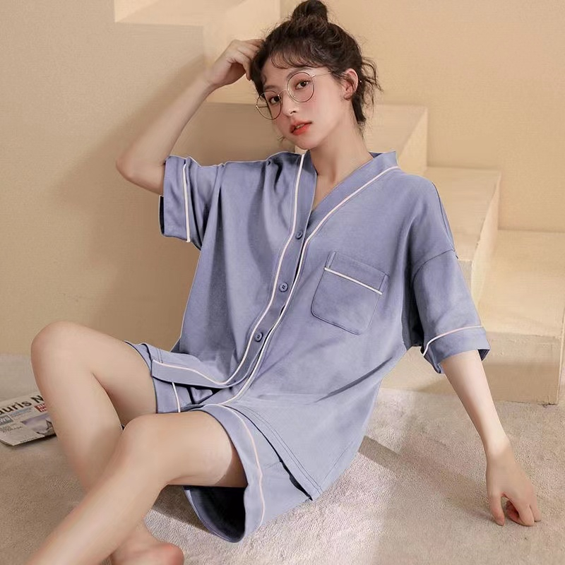 Rulif Piyama Baju Tidur Couple Set Pria Wanita HP Vneck Polos Lengan Pendek Celana Pendek MINT