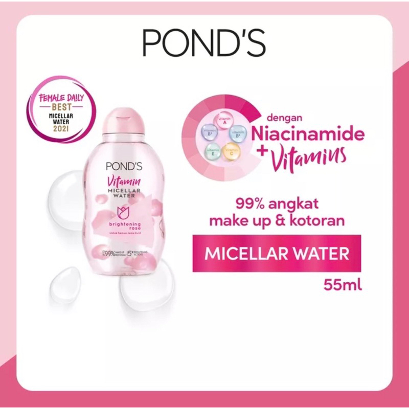 Ponds Vitamin Micellar Water Makeup Remover Brightening Rose For All Skin Type 55Ml