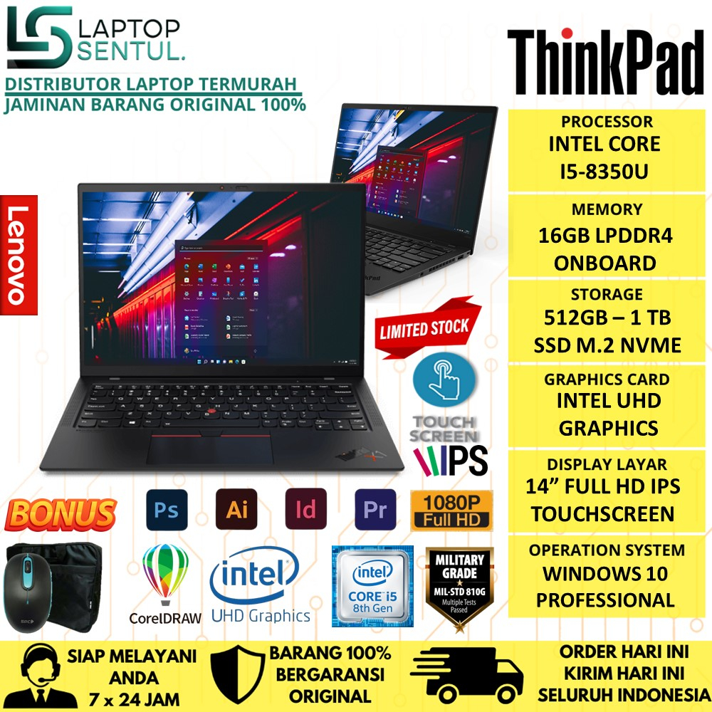 Laptop Touchscreen Lenovo Thinkpad X1 Carbon Intel i5 Gen 8 8350U RAM 16GB SSD 512GB FHD TOUCH Windows 10 Terlaris