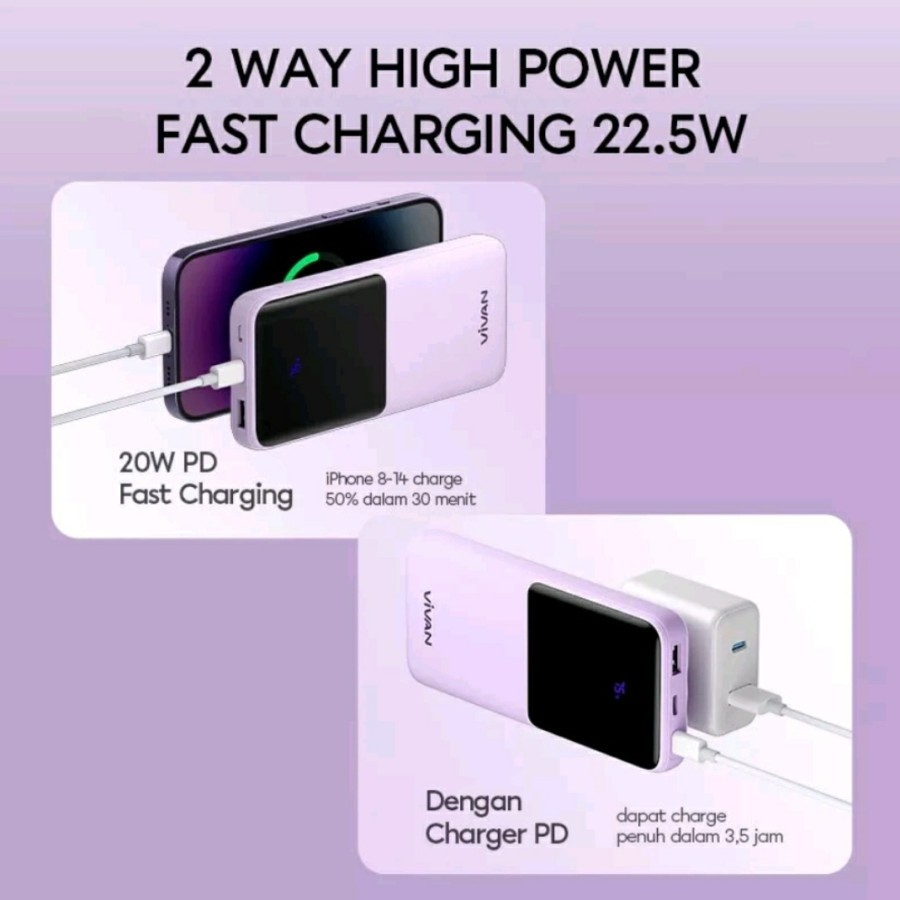 Power Bank Vivan VPB-E10 Warna Lilac 10000mAh 22.5W PD QC 3.0 Fast Charging