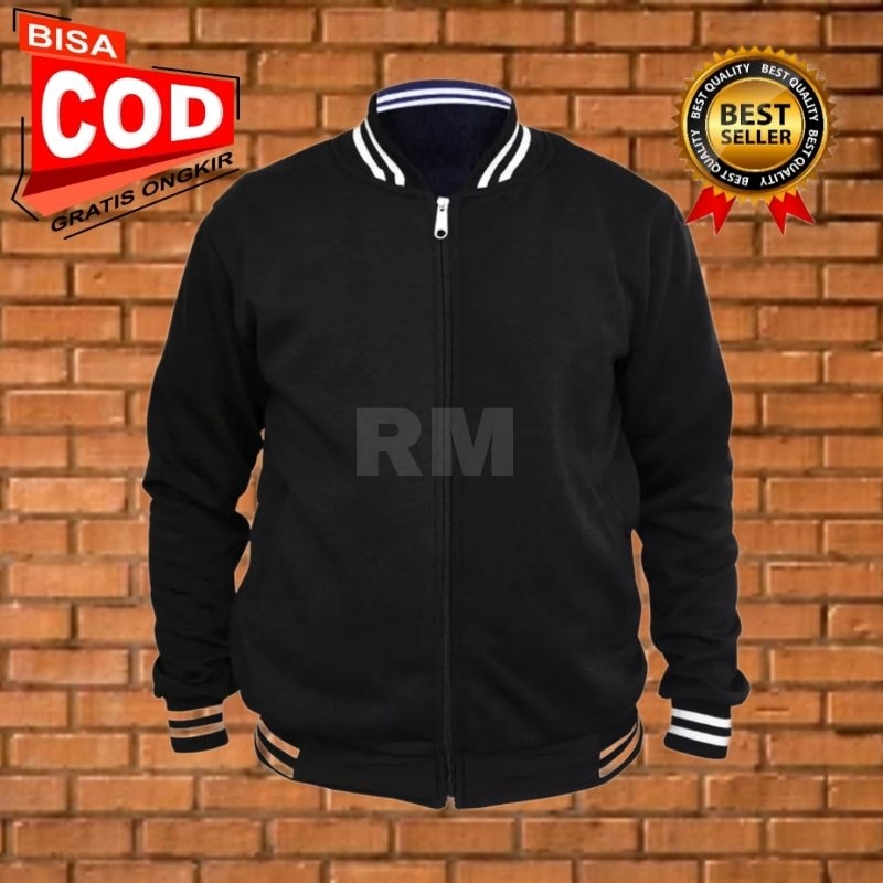 Jaket Baseball Polos Resleting Pria Wanita Bahan Tebal