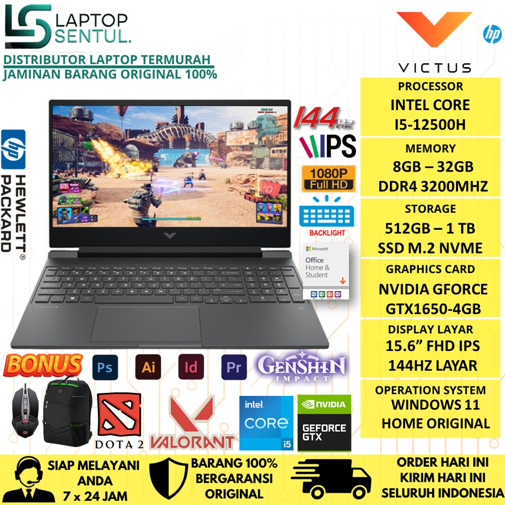 LAPTOP GAMING HP VICTUS 15 FA0116TX INTEL I5 12500H RAM 40GB SSD 512GB GTX1650 4GB 144HZ WINDOWS 11 OHS ORIGINAL