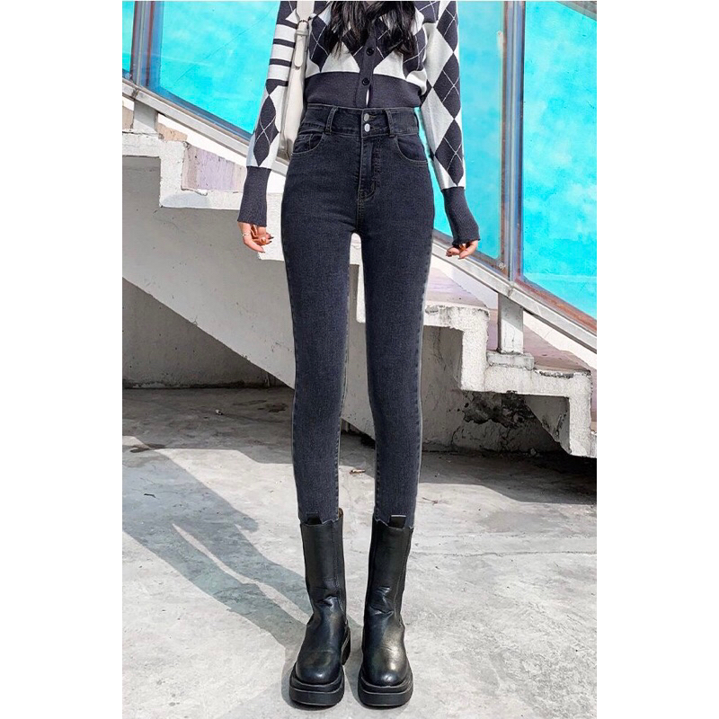 YGJeans 024-28 hitam Abu Celana panjang Highwaist wanita Jeans import premium Jeans wanita polos rip