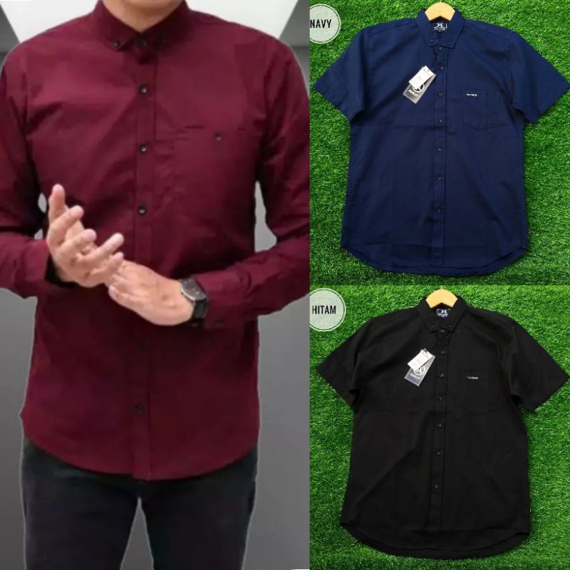 kemeja cowok polos pria lengan panjang slimfit hem pria kantor hitam navy putih maron army