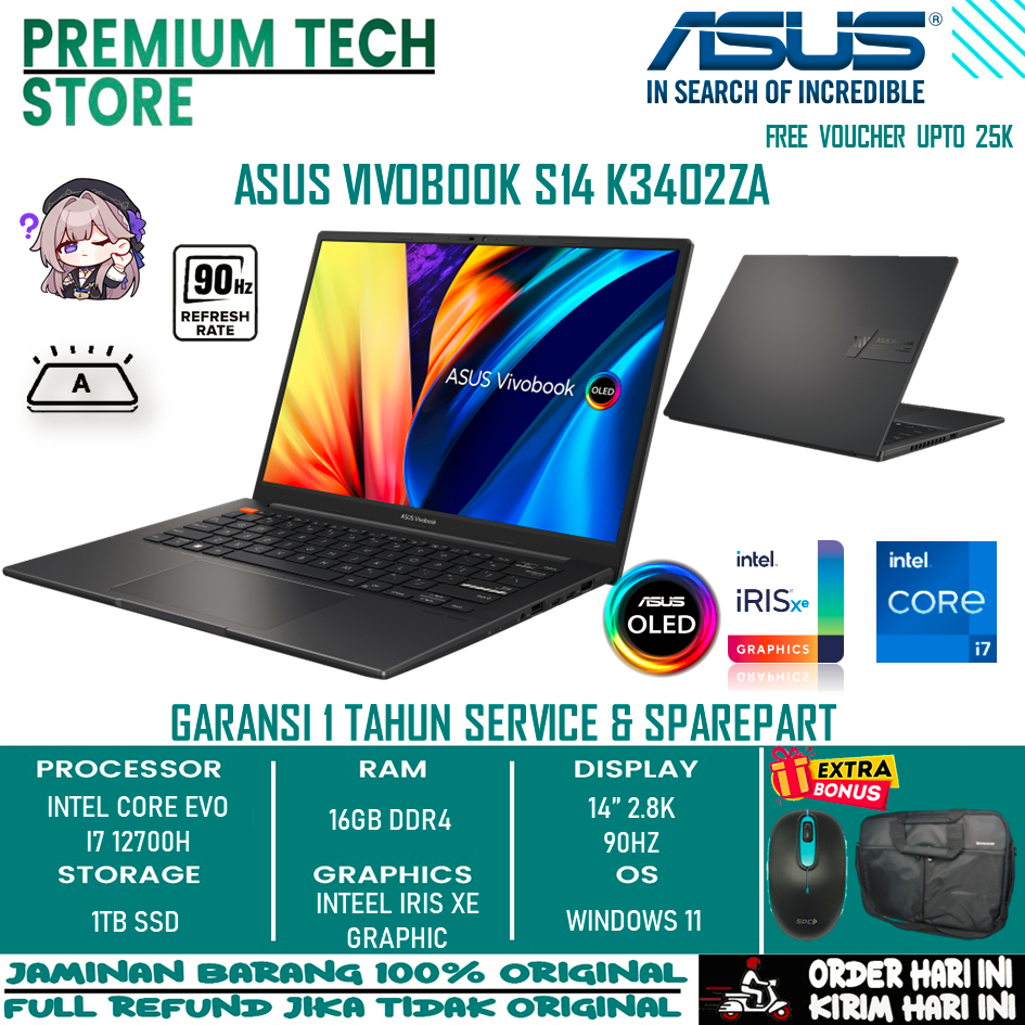 Laptop Baru Asus Vivobook S14 K3402ZA Intel Evo I7 12700H 16Gb 1Tb Ssd Iris Graphic 90Hz Oled Windows 11 Home Original