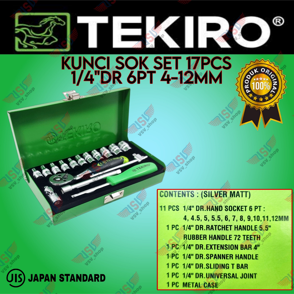 Tekiro hand socket set 17 pcs 6 pt 1/4&quot; 4-12mm kunci sok set