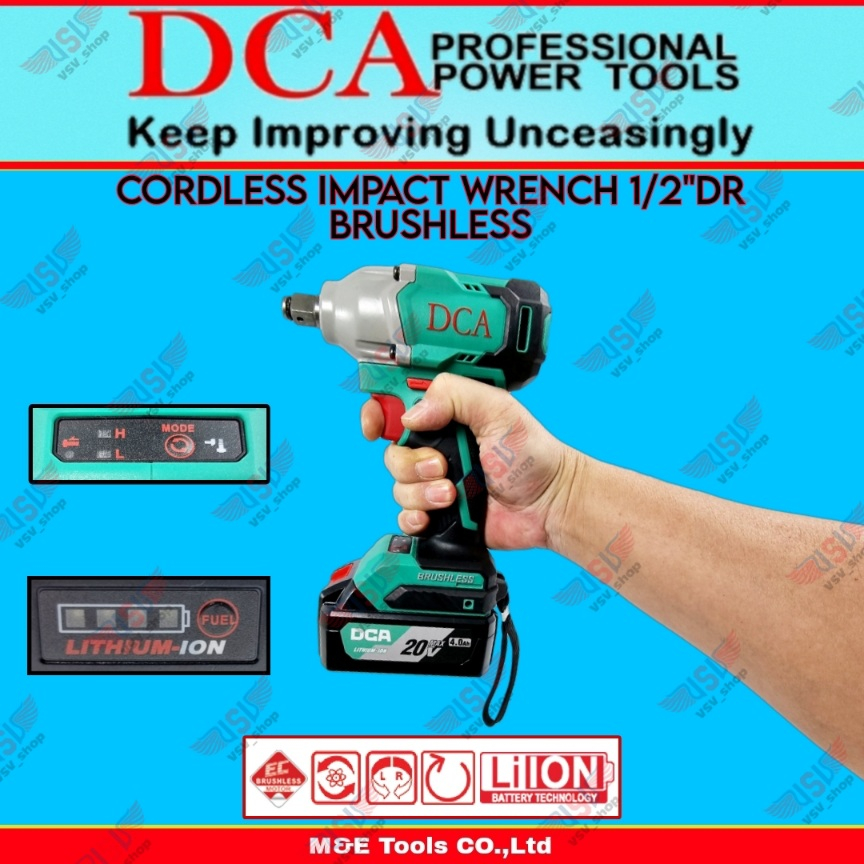 DCA ADPB298 Cordless Impact Wrench 1/2&quot;DR Brushless 20Volt 2Battery