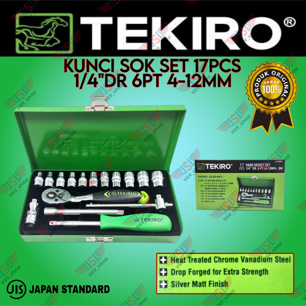 Tekiro hand socket set 17 pcs 6 pt 1/4&quot; 4-12mm kunci sok set
