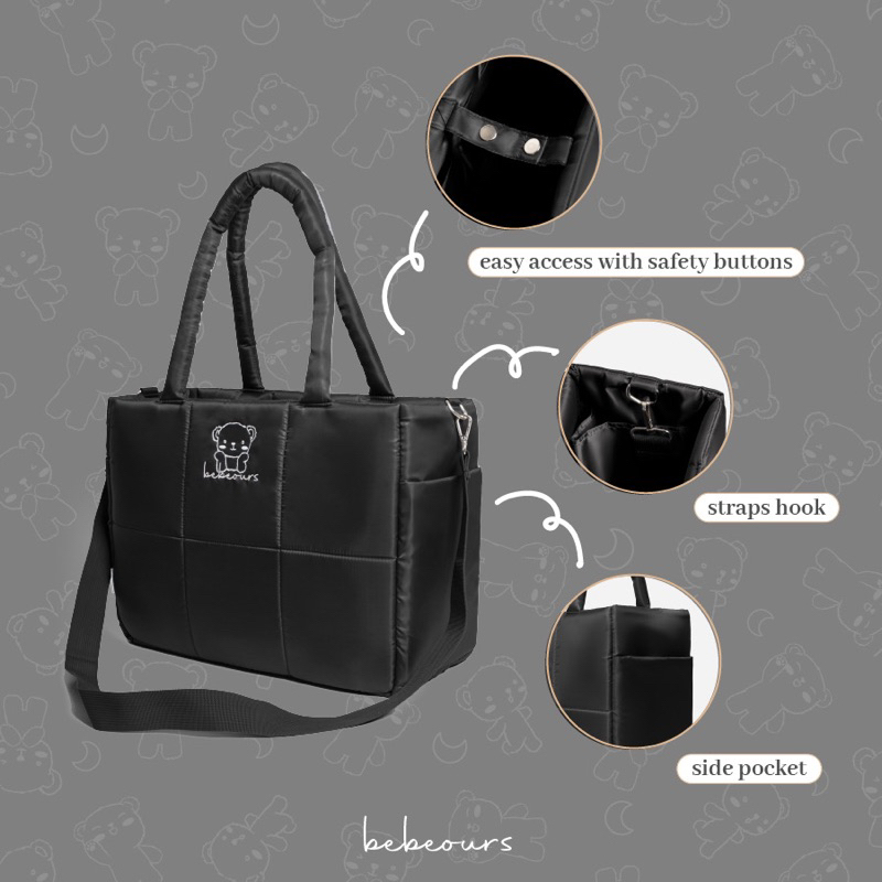 Bebeours Cheri Tote Bag BLACK / GREY - Mommy Bag / Diapers Bag - Tas Perlengkapan Bayi &amp; Anak