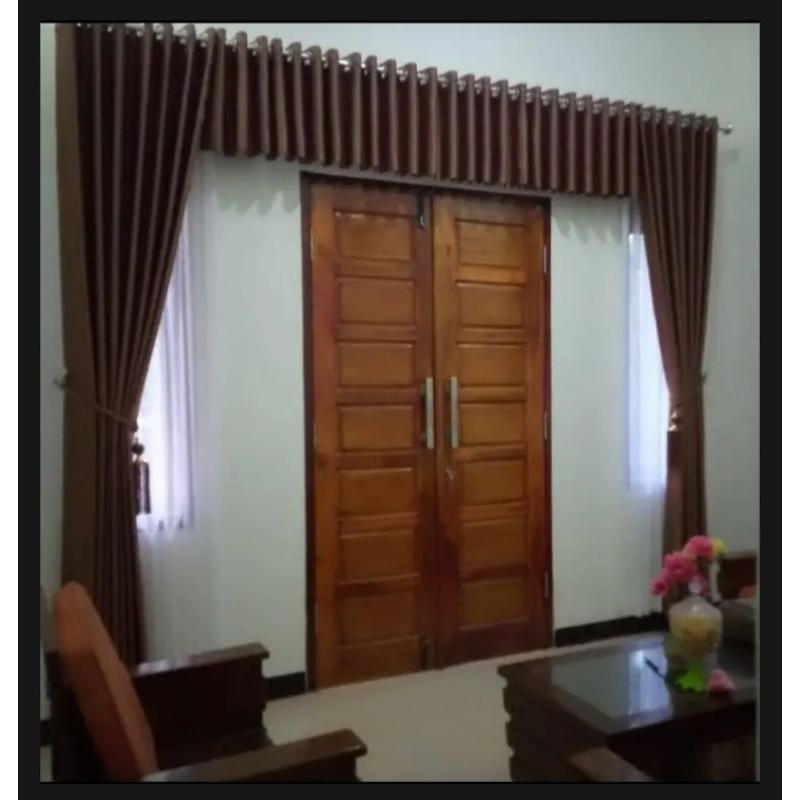 Gorden Pintu Tengah Ruang Tamu 3 Meter Gorden Blackout Glossy Premium Gorden Poni Mewah Satu Set Gor
