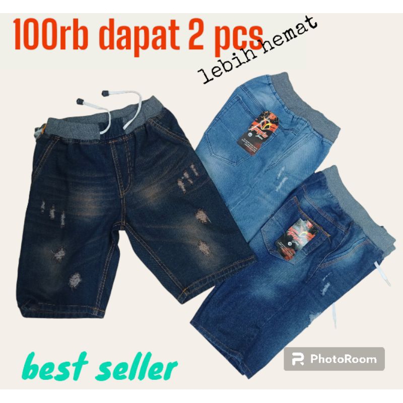 100rb 2 pcs Celana Pendek Jeans Pinggang Karet Tali Serut Sobek Tembus