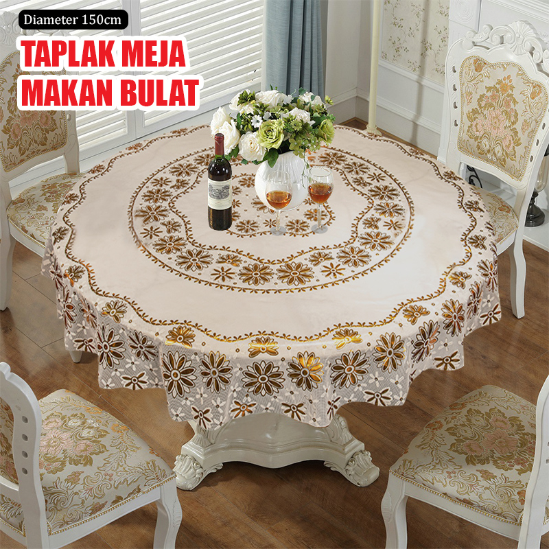 Taplak Meja Makan Bulat PVC Gold Premium Jumbo Tebal Motif Bunga Diameter 150cm High Quality Dekorasi Rumah Tangga Import - D44-B - 88Blanketstore