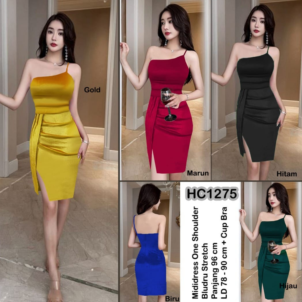 HC1275 Midi Dress Bludru Stretch One Shoulder + Cup Bra / Dress One Shoulder / Midi Dres Seksi / Dress Midi Sexy Bodycon / Dress Mini Bludru