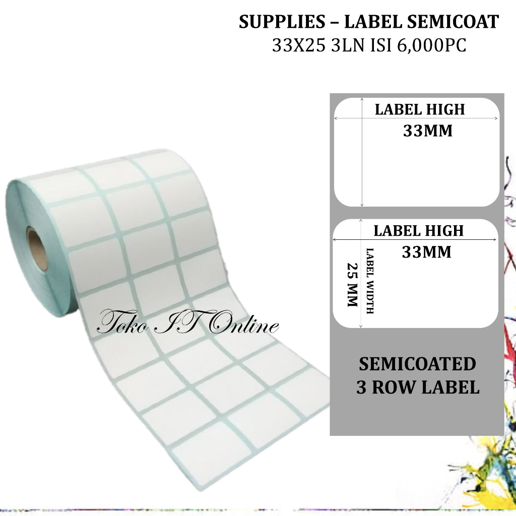 LABEL BARCODE SEMICOATED 33x25mm 3 LINE ISI 6.000pcs - LABEL STICKER BARANG TO PRINTER POSTEK