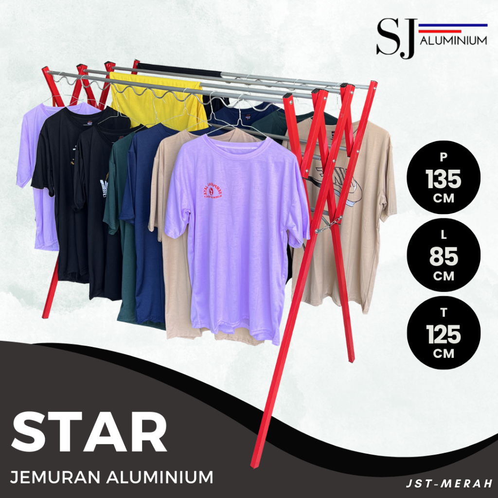 [STAR] Jemuran Aluminium / Jemuran Baju Pakaian Bayi / Rak Handuk Lipat Aluminium Merah - 135 CM
