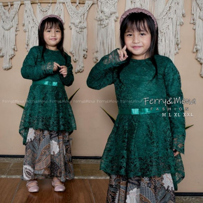 stelan kebaya anak brokat Aurora//kebaya anak umur 5-12 tahun hijau