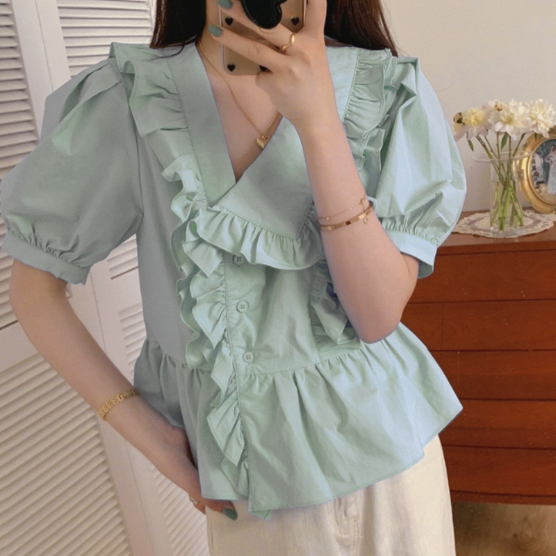 MOOGU ♡ Kemeja korea blouse kerah tidak beraturan atasan wanita