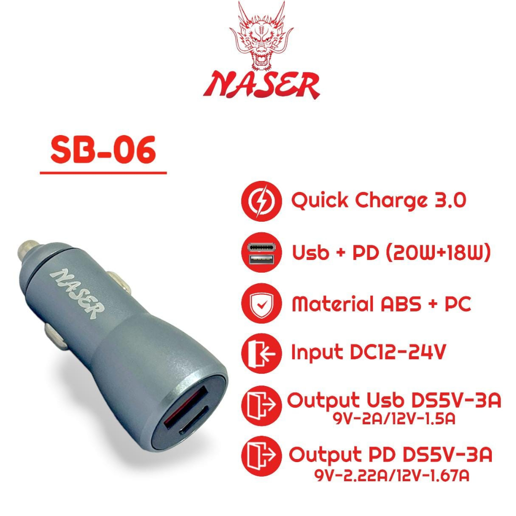 NASER SAVER SB-06 USB + TYPE C / Car Charger 38w High Speed Charging Universal