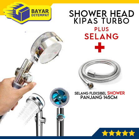 Paket Kepala Shower TURBO Kipas Fan dan Selang Shower Fleksibel 145cm