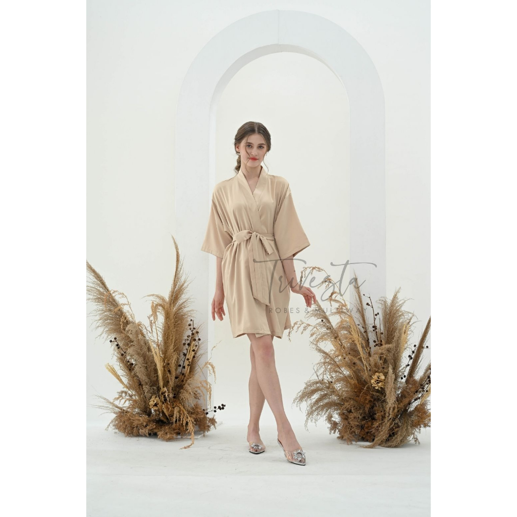 Trivesta Robes - Basic Robe Cham pagne- Kimono Robe Bridesmaid Satin + Free Bordir (Tulisan Bebas Bisa Nama)