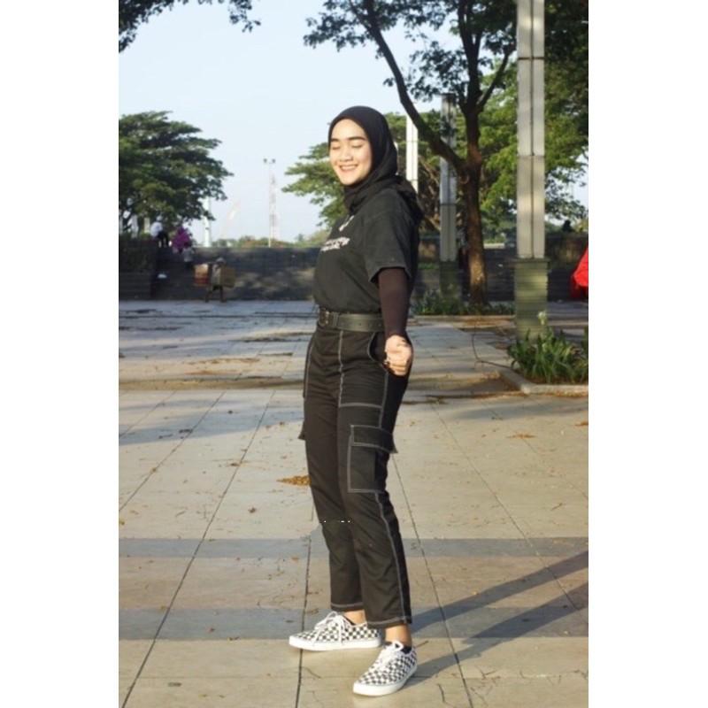 Kulot Jeans Cargo High Rubber Waist Black List HL Trendy Outfit Kekinian