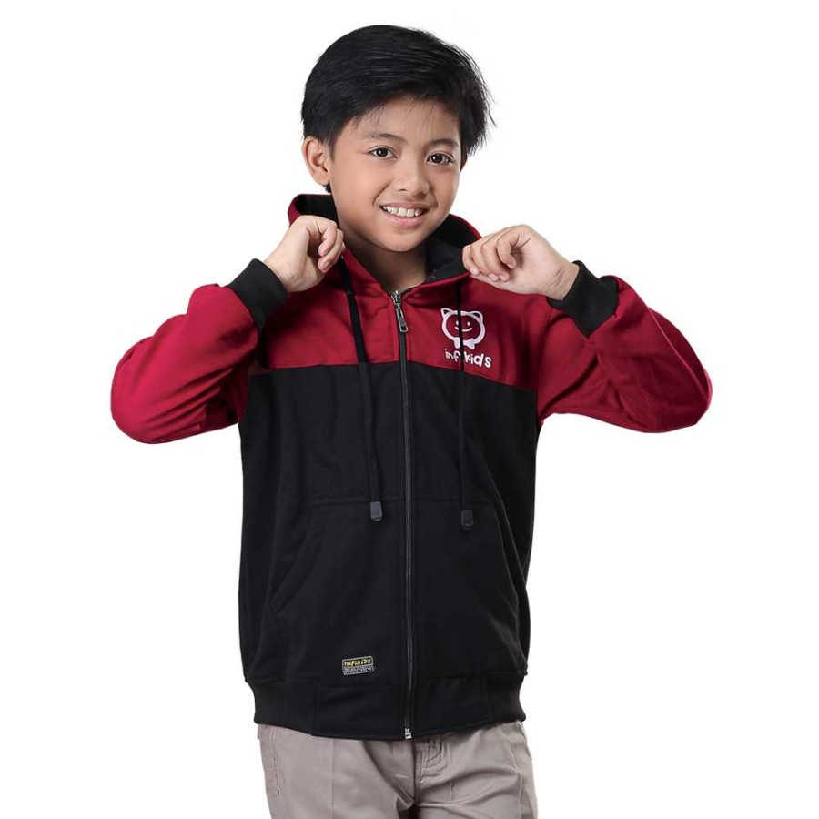 Jaket Sweater Anak Laki Laki Kupluk Hoodie Merah Hitam Usia 6 8 10 12 Thn