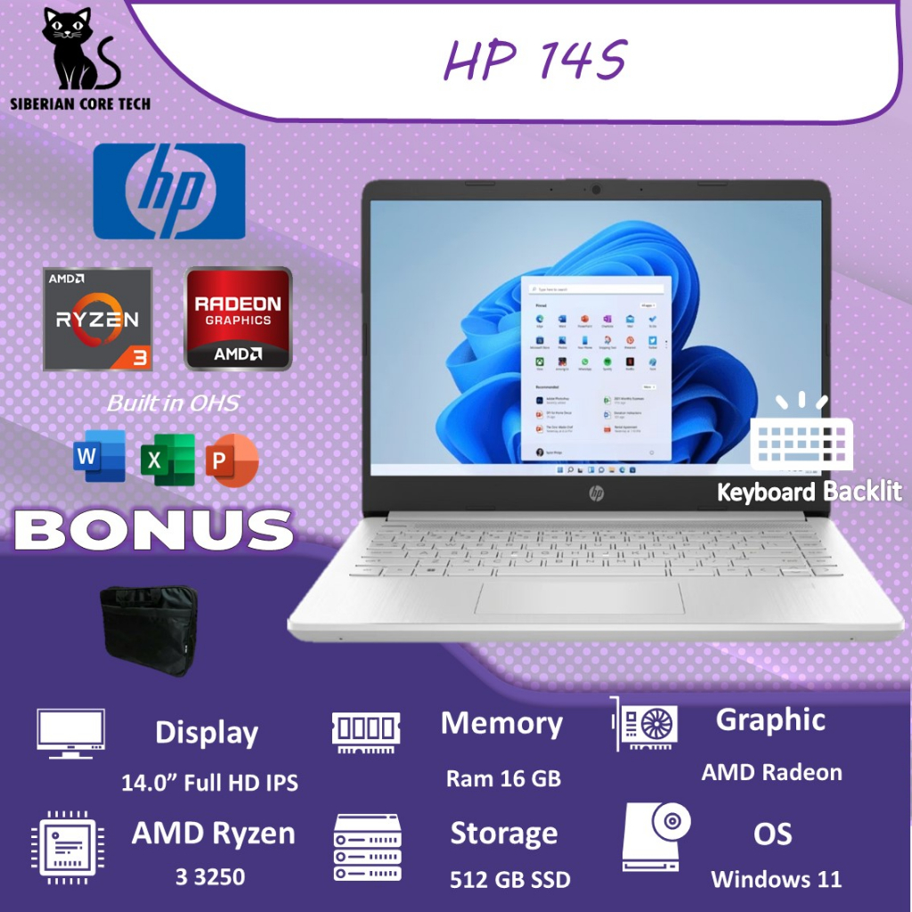 LAPTOP HP 14S RYZEN 3 3250 RAM 16GB 512GB SSD VEGA3 W11+OHS 14.0FHD IPS BLIT 2YR SLV