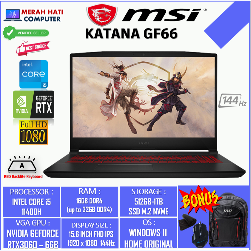 LAPTOP GAMING BARU MSI KATANA GF66  INTEL I5 11400H 32GB 1TB RTX3060-6GB 15.6FHD 144HZ BACKLITE WINDOWS 11 HOME BLACK ORIGINAL