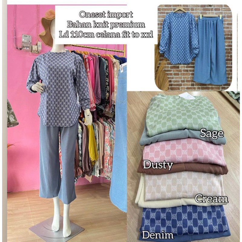 set zallie kaos knit miami merk clarke motif setelan celana wanita setcel wanita