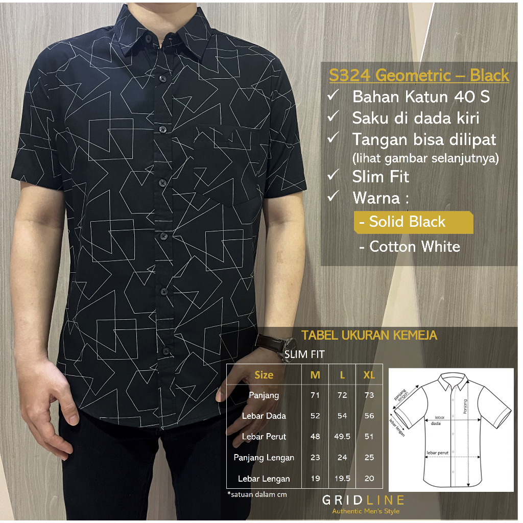 [GRIDLINE - S341 Pure White - S324 Solid Black] Kemeja Pria Lengan Pendek Slimfit Katun Casual Simpel Modern