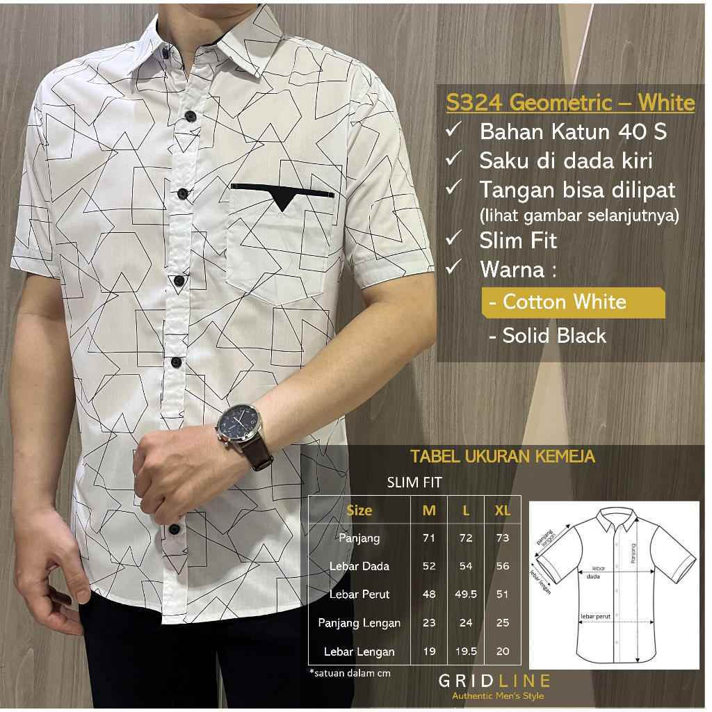 [GRIDLINE - S341 Pure White - S324 Solid Black] Kemeja Pria Lengan Pendek Slimfit Katun Casual Simpel Modern