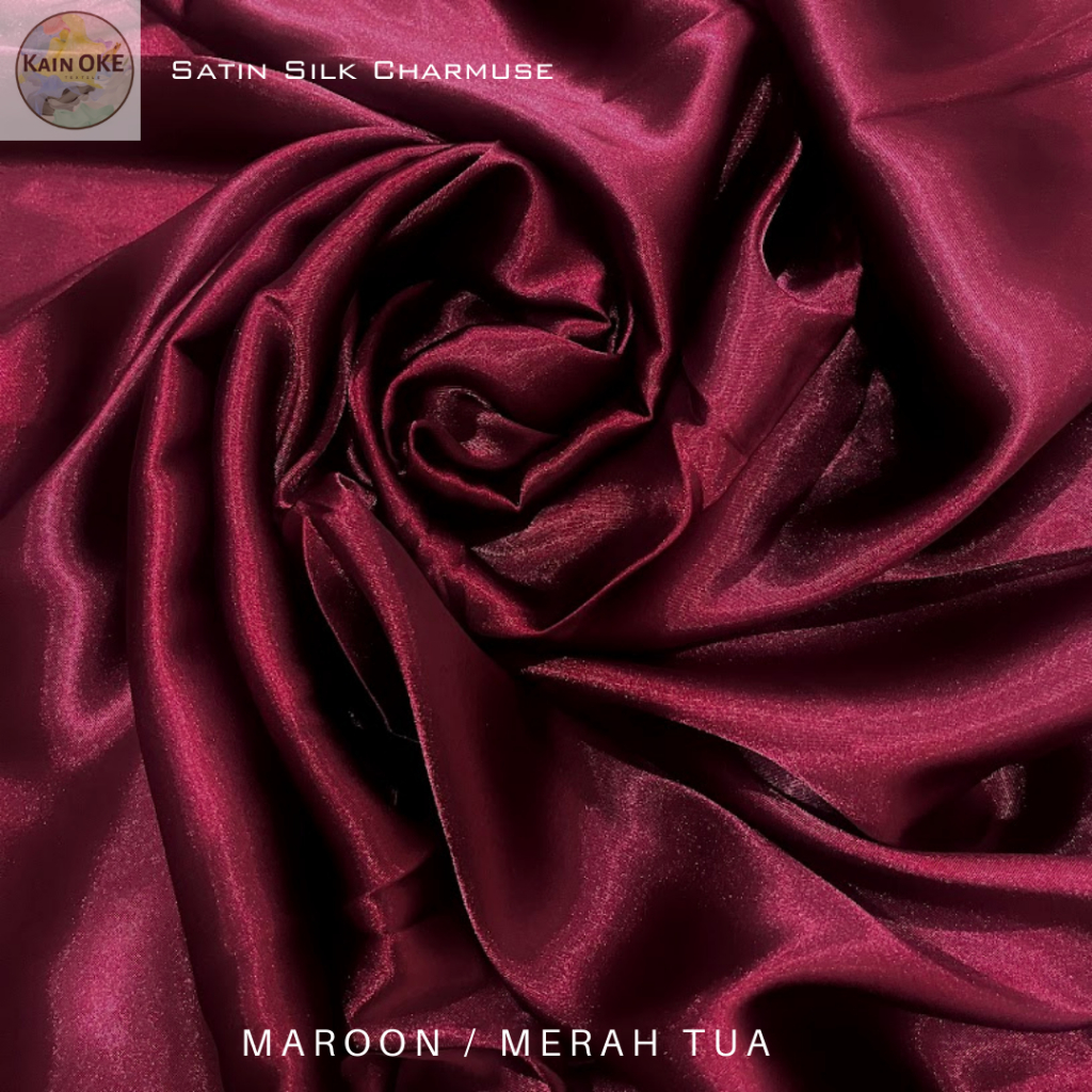 ½  m Kain Satin Silk Charmuse Glowing  Premium Grade A Mengkilap MAROON / MERAH TUA by Kain Oke