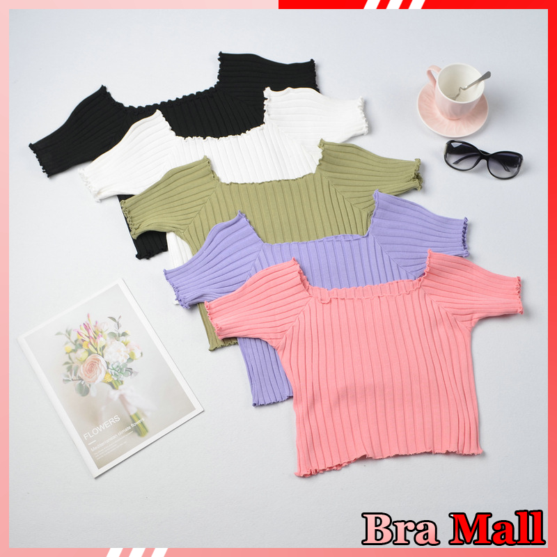 【 Bra Mall 】BJ-028 Rajut Atasan import Wanita Gaya Korea Lengan Pendek Salur Rajut Kaos Wanita Bahan Icy Silk import