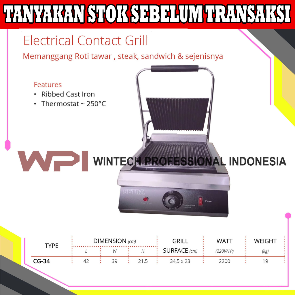 Getra CG-34 CG34 CG 34 Electrical Contact Grill Pemanggang Serbaguna Roti Tawar Steak Sandwich & Sej