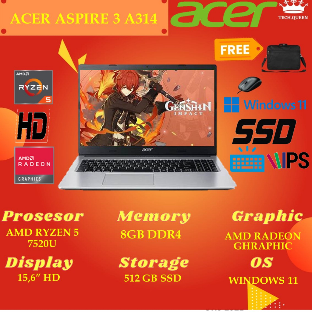 Acer Aspire 3 A314 - Ryzen 5 7520 8GB 256SSD VEGA7 14&quot; W11PRE