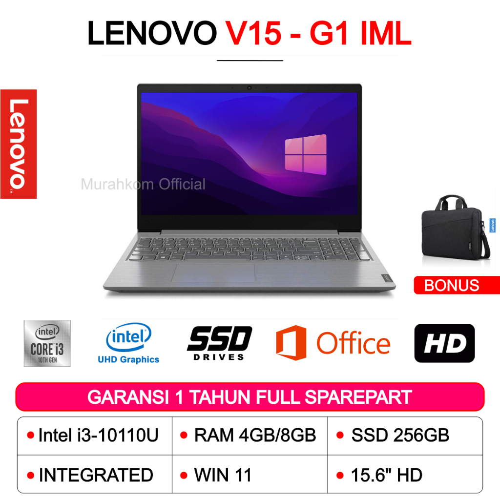 LENOVO V15-G1 INTEL CORE I3-10110U 8GB 256GB SSD 15.6&quot;HD WIN 11 NEW GARANSI