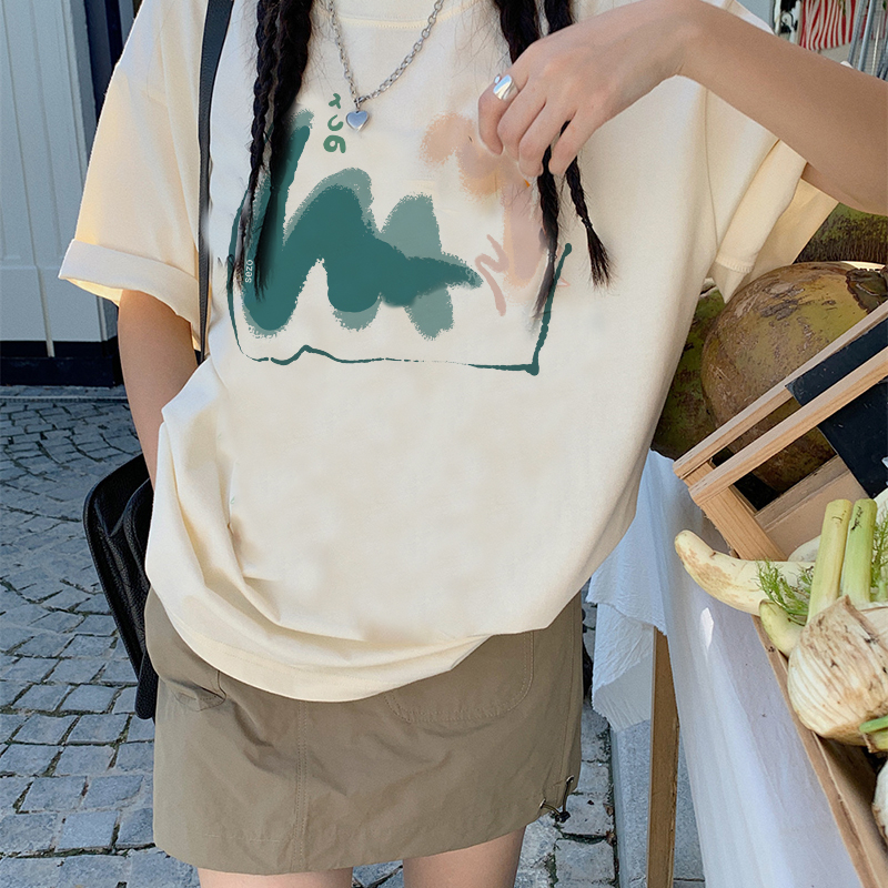 Print T-shirt Kaos Lengan Pendek Vintage Letter M Printing Oversize Atasan Wanita Korean Style