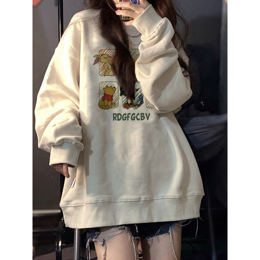 EUNII Sweater Lengan Panjang Cartoon Winnie The Pooh Printing Korean Style/Sweater Crop/Baju Wanita/Switer Wanita/Switer