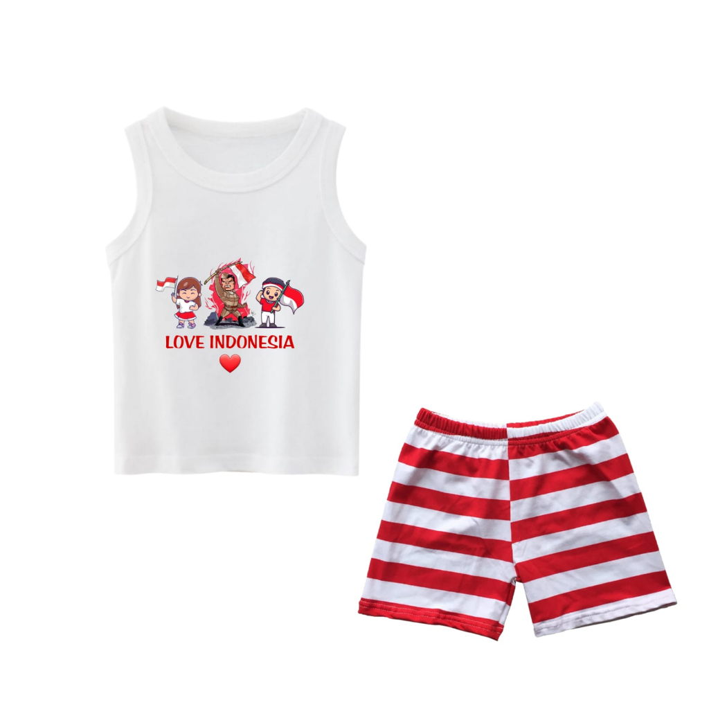 SINGLET SETELAN BAJU ANAK INDONESIA I LOVE INDONESIA 17 AGUSTUS MERDEKA BISA TAMBAH TOPI / BISA COD TERBARU