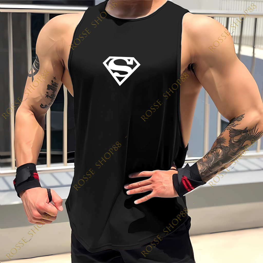 Kaos Tanpa Lengan Singlet Gym Pria Belahan Low Cut Motif Superman