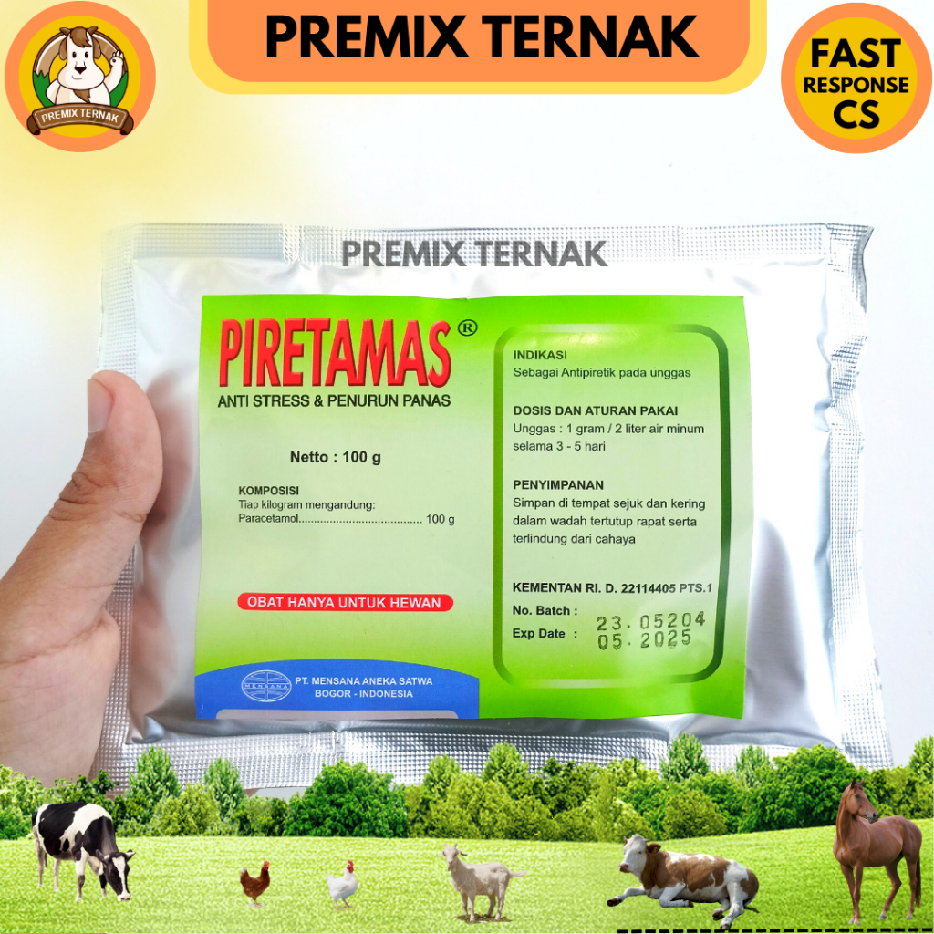 PIRETAMAS 100 gram - Paracetamol Vitamin C Sorbitol Anti Stress Gumboro CRD Infeksi Unggas Ayam