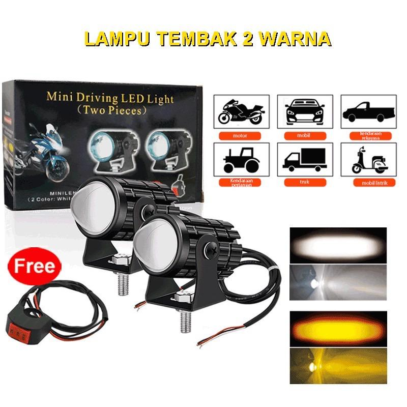 Original lampu tembak laser led mini 2 warna High low putih kuning waterproof / lampu led motor