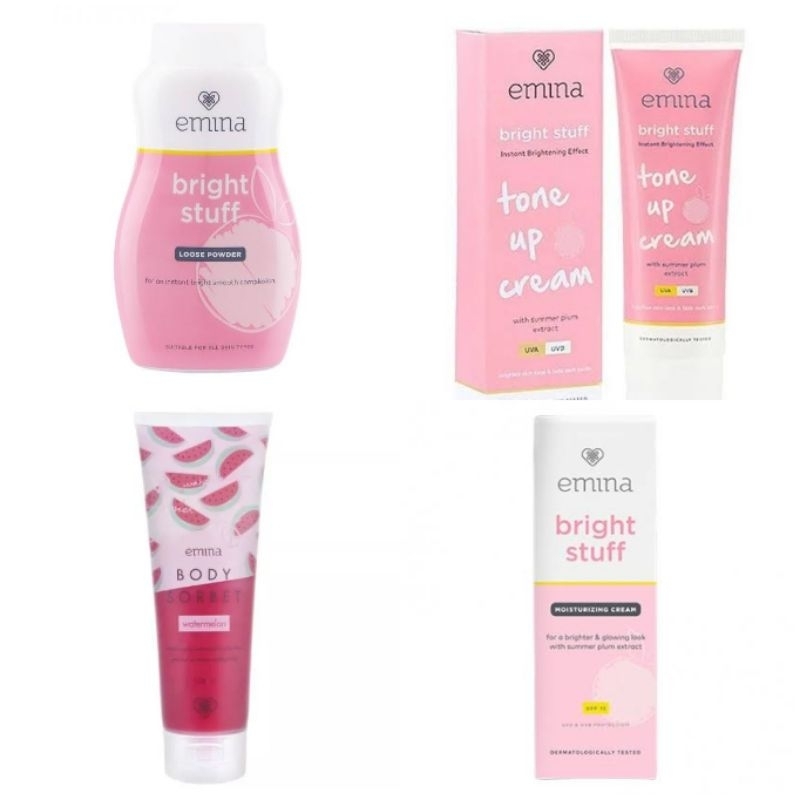 Emina Bright Stuff Moisturizing Cream / Tone Up 20mL / Loose Powder 50g / Watermelon Body Sorbet 100ml