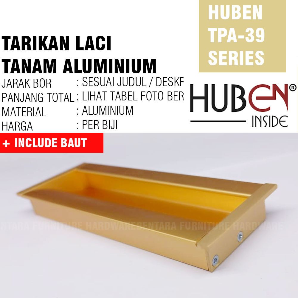 HUBEN TPA-39 64 MM GOLD - Tarikan Laci Tanam Meja Lemari Kabinet Gagang Pintu Handle Drawer Aluminium