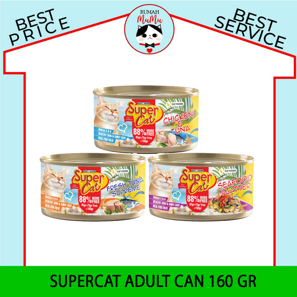 MAKAKAN BASAH KALENG KUCING DEWASA PREMIUM SUPERCAT 160 GR DENGAN PEMBUKA KALENG