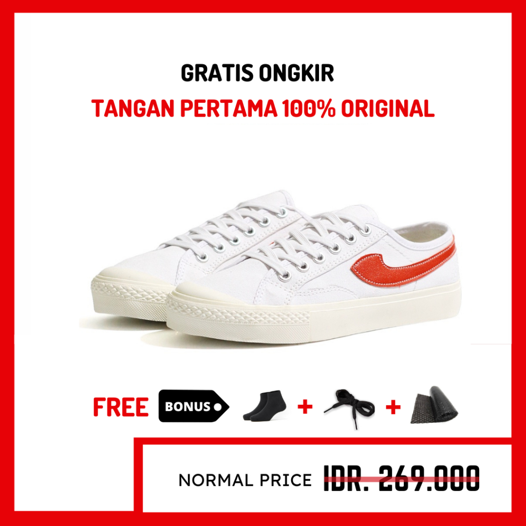 ORIGINAL - Sepatu Brand Lokal Kasual Pria Wanita No Brand White Red Low Not Sneakers Compass Gazelle Putih Merah