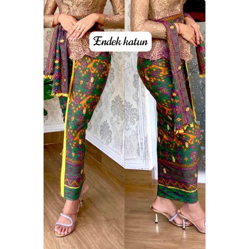 Kamen songket bordir bali katun endek tretes emas (kamen lembaran) + selendang