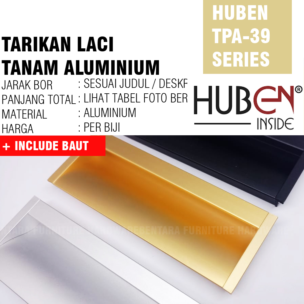 HUBEN TPA-39 128 MM ANODIZE - Tarikan Laci Tanam Meja Lemari Kabinet Gagang Pintu Handle Drawer Aluminium