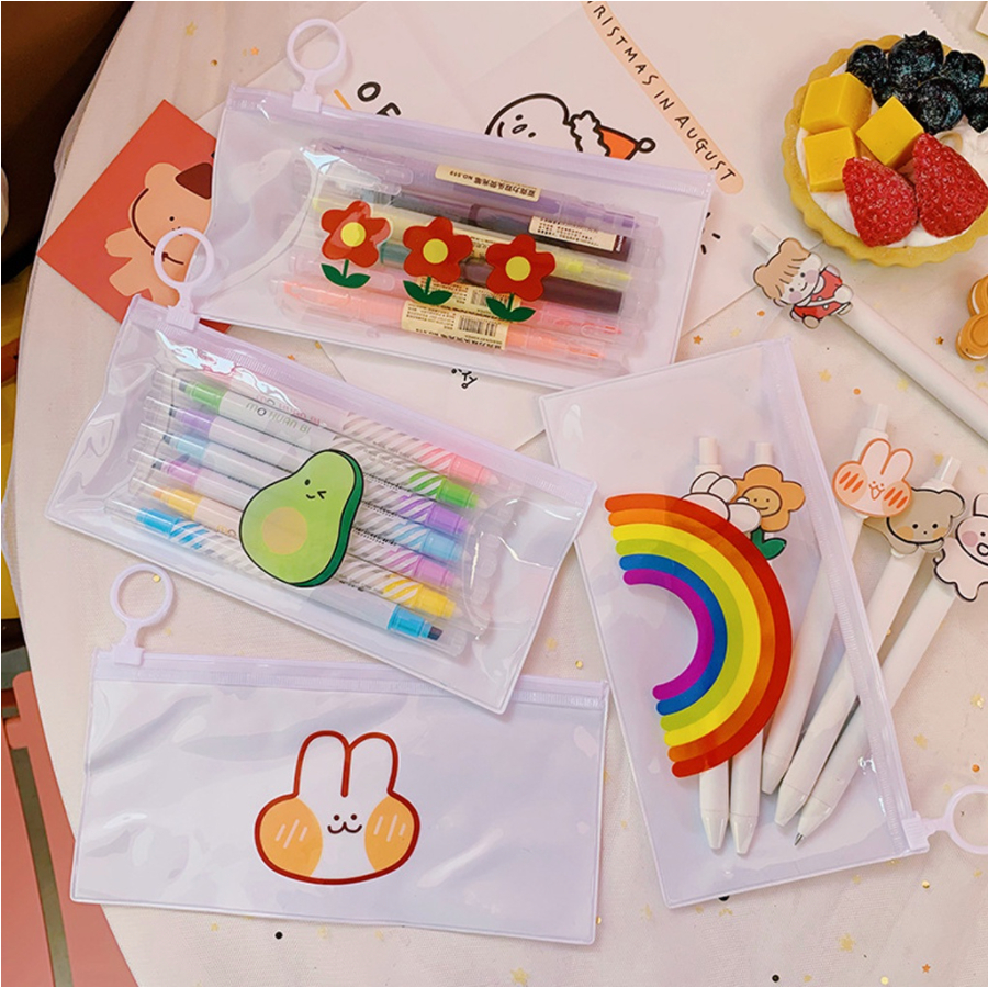 【GOGOMART】Kotak Pensil Tempat Pulpen Zipper Transparan / Dompet Uang Tempat Kosmetik Pouch Make Up Plastik Waterproof