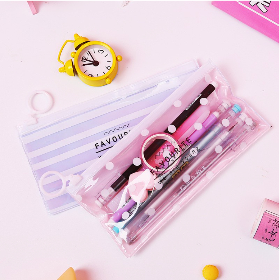 【GOGOMART】Kotak Pensil Tempat Pulpen Zipper Transparan / Dompet Uang Tempat Kosmetik Pouch Make Up Plastik Waterproof